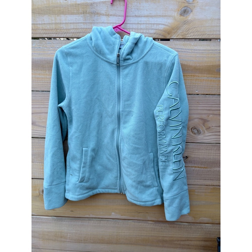 Calvin Klein Performance Womens Fleece Full Zip Hoodie Aqua Blue Small Logo
